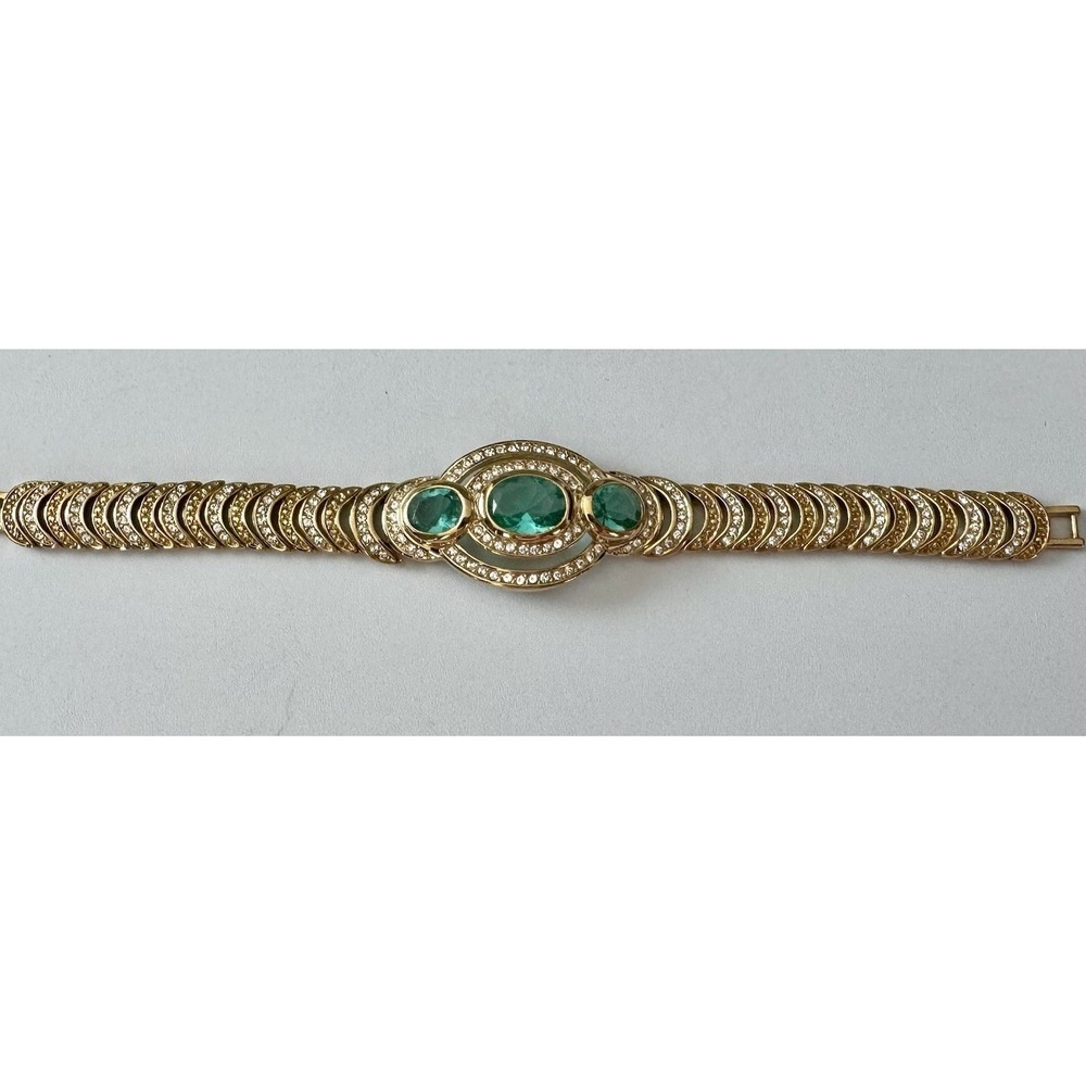 JBK Emerald Green Wide Bracelet Gold Rhinestone Statement Vintage